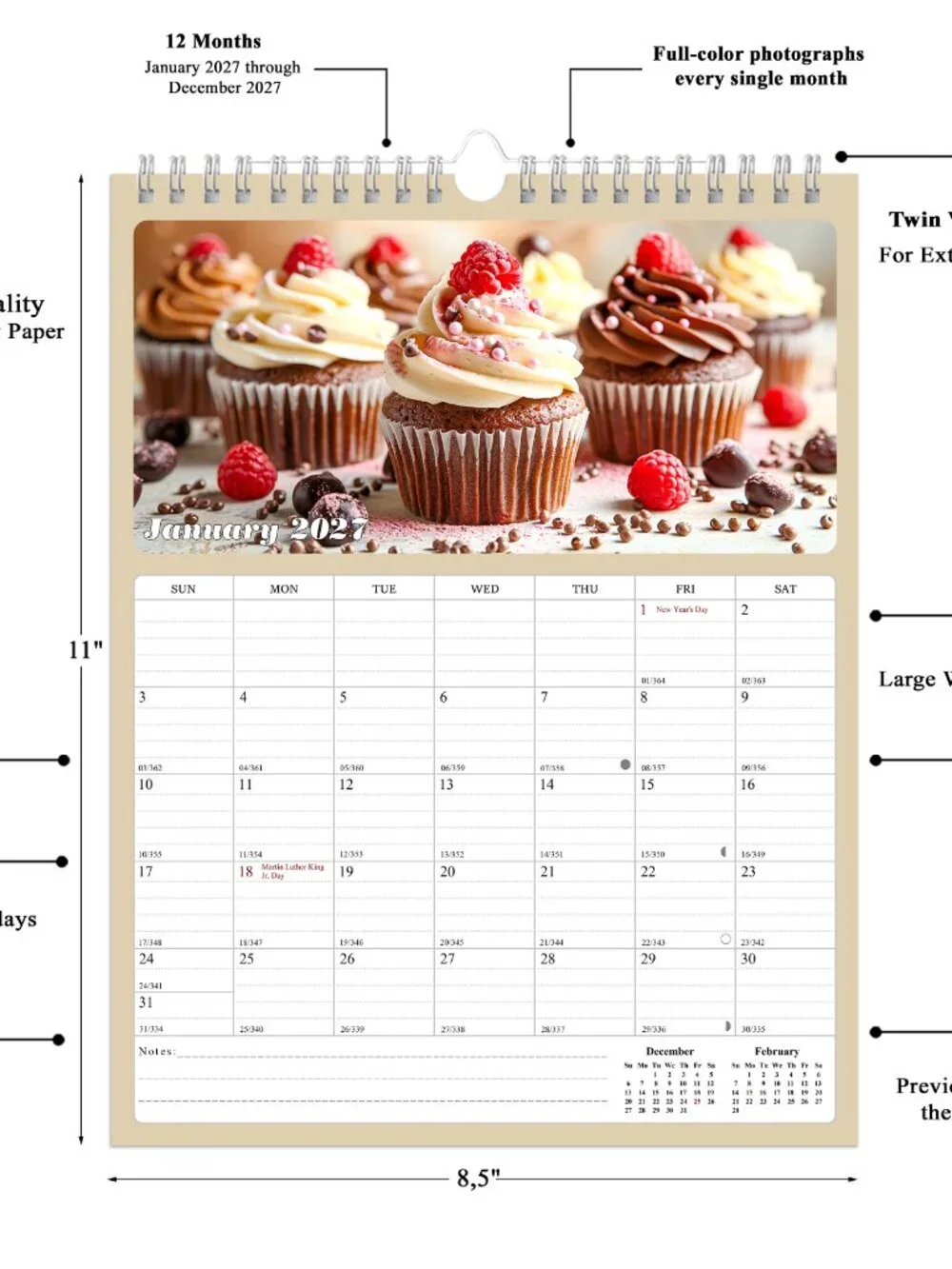 2027 Wall Calendar Spiral-bound Twin - 12 Months Planner 8.5